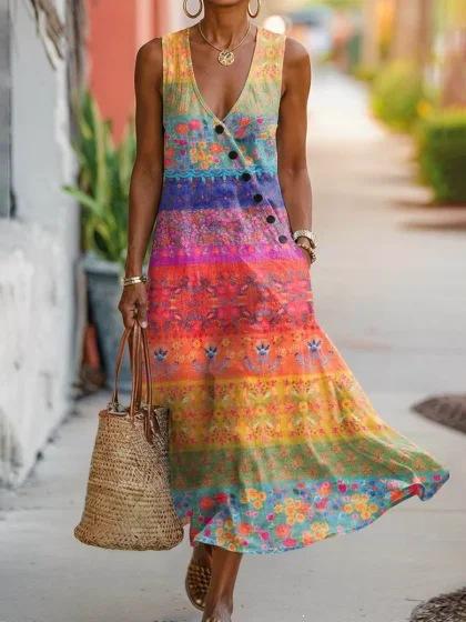 Summer V-neck Sleeveless Diagonal Button-up Vest Skirt Long Women's Vacation Casual Dress
