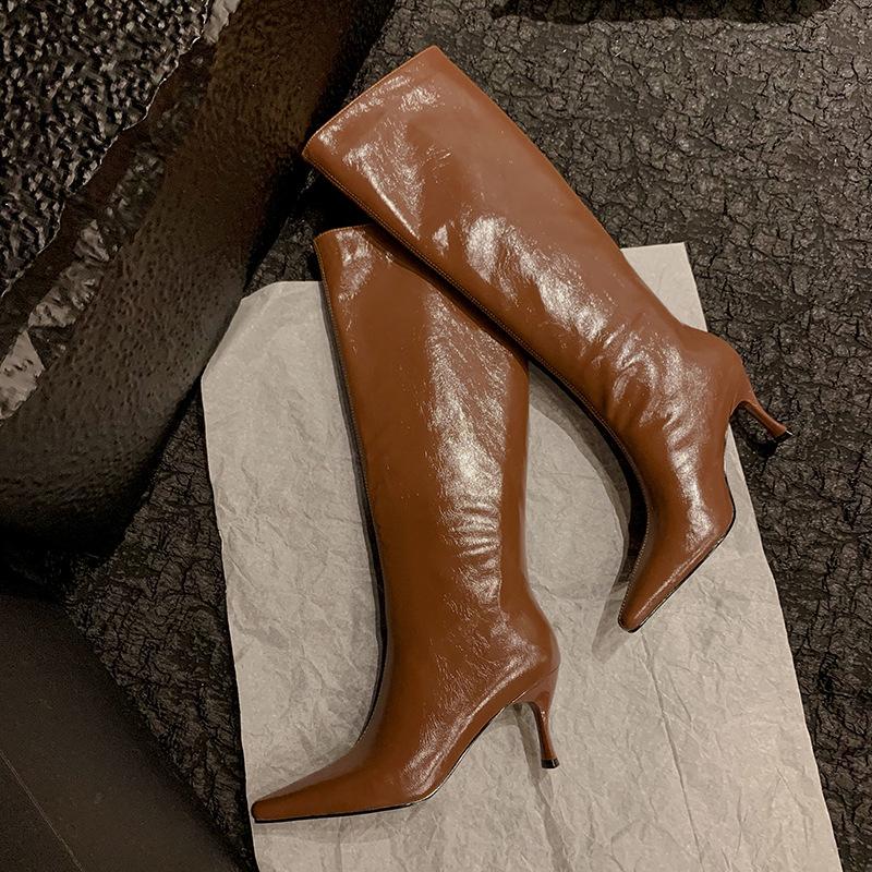

2025 new pure leather inside and out~ sexy pointed stiletto but knee knight boots genuine leather boots for women 39 коричневый