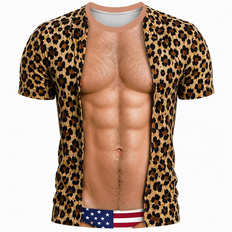 Divertente T-shirt 3D a Maniche Corte con Addominali e Peli sul Petto, Estate Spiaggia Vacanza Novità Festa Famiglia Outfit Genitore-Figlio