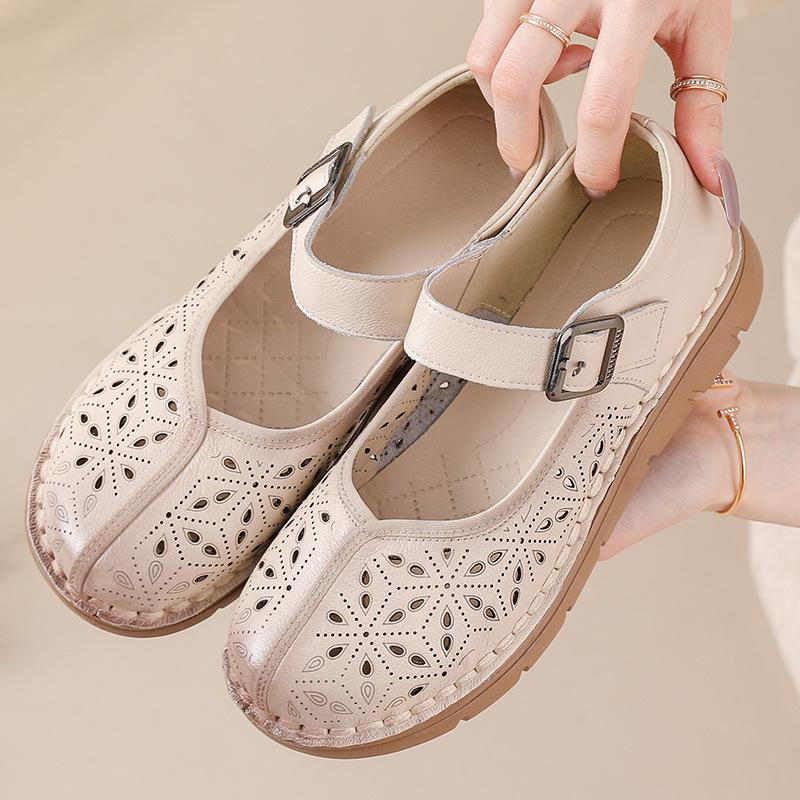 

Летние новые женские туфли на плоской подошве в винтажном стиле - сандалии из натуральной кожи с вырезами и гибкой подошвой из термопластичной резины, дышащая однослойная толстая кожаная обувь в стиле ретро 39