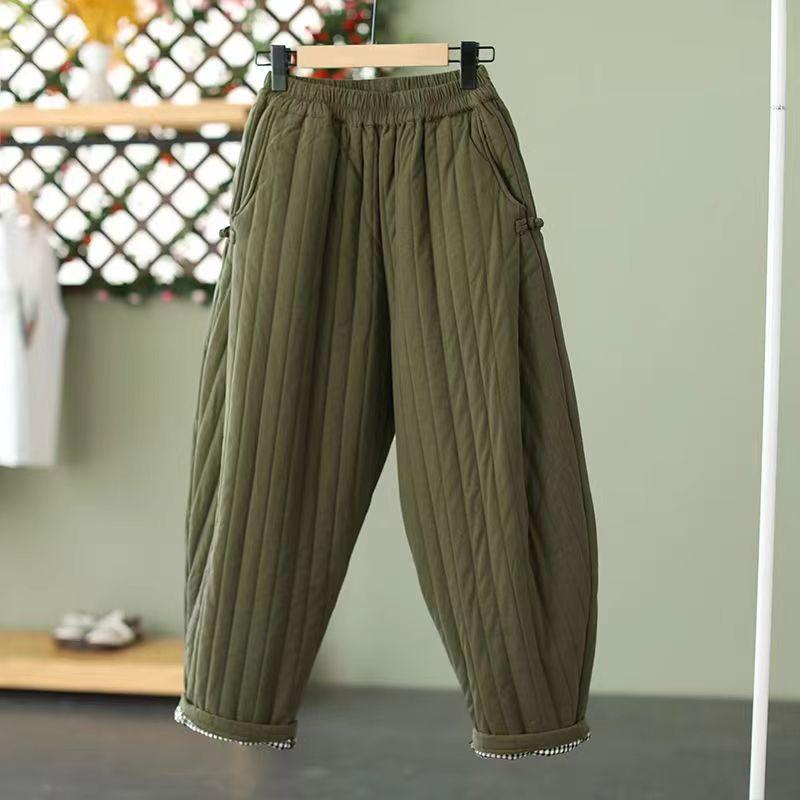 Winter Warm Clip Cotton Thickened Retro Down Cotton Pants Women's Outwear Elastic Waist Loose Relaxed Pants