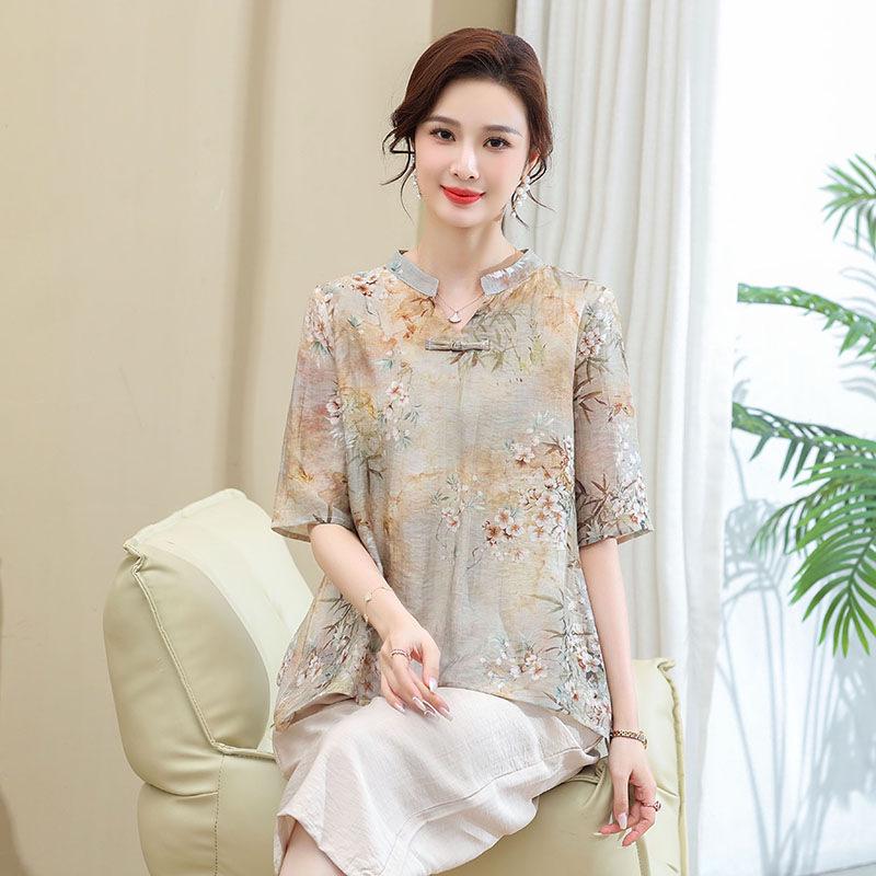 

New Women s Chinese Style Summer Chiffon Shirt - Short Sleeve, Mid-Length, Printed Design 5XL [Recommended for 145-160 kg]