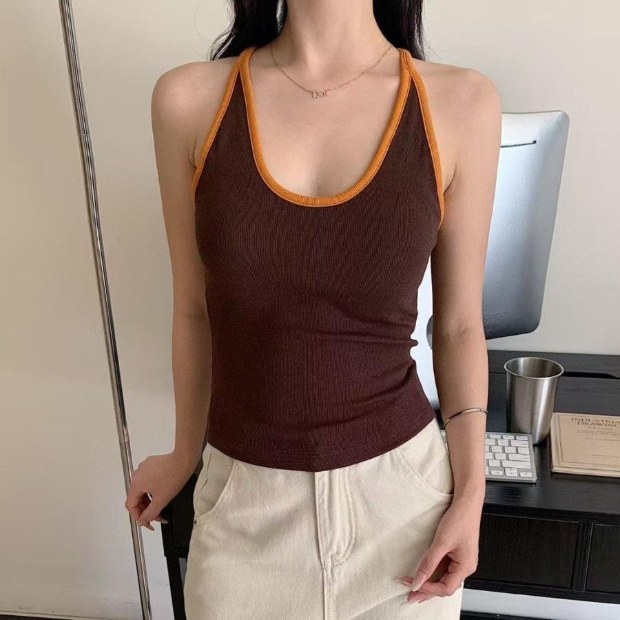 Damen Farbblock-Trägertop mit Brustpolstern Slim Fit All-Match Ärmellos Sommer Basic Top L orange/kaffeebraun