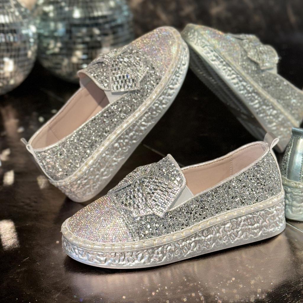 Large Size Women's Shoes One-pedal Lazy Muffin Platform Casual Single Shoes Spring and Summer New Rhinestone Bow Loafers