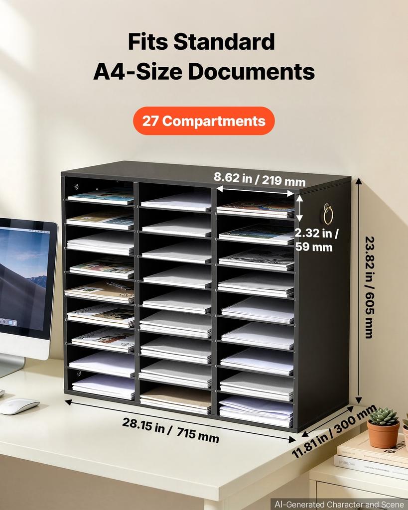 Wood Literature Organizer 27 Compartments Office Mailboxes Black, Countertop Literature Sorter for Files Documents Papers, with Adjustable Shelves,