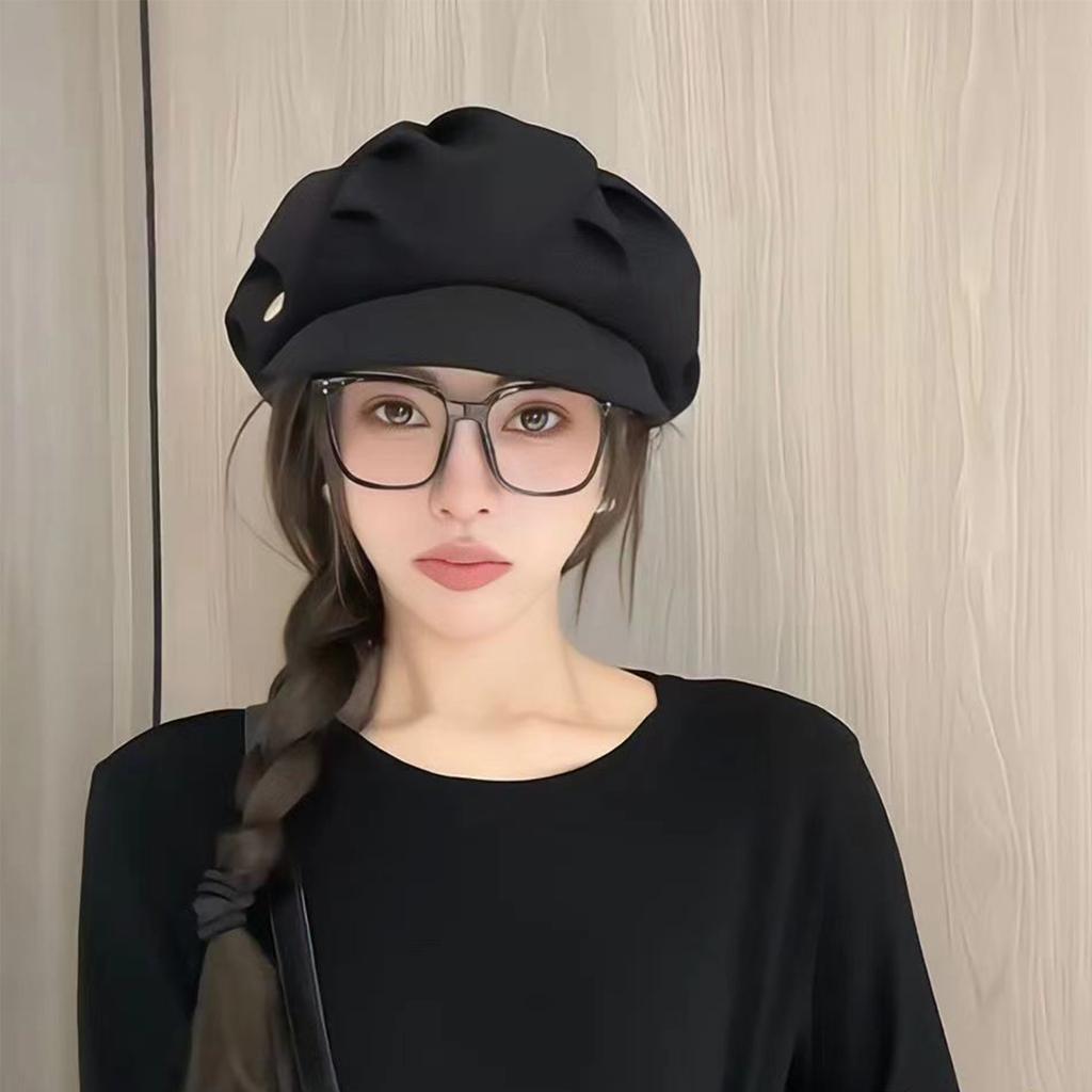 Women Cloud Pleated Newsboy Cap, Adjustable 55-59CM Octagonal Beret Hat, Large Head Circumference Visor Hat, Face Slimming Casual Hat
