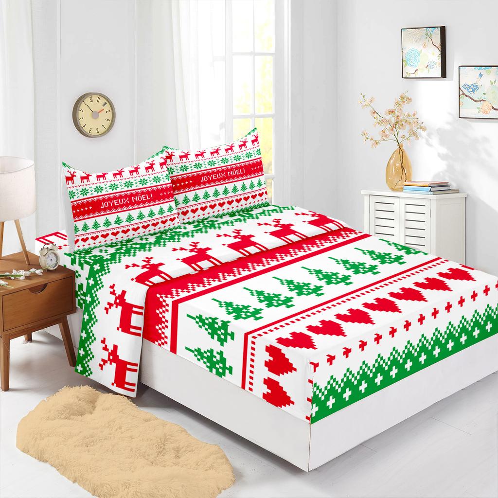 Four-Piece Mattress Set Christmas Bedding Printed Mattress Protective Cover