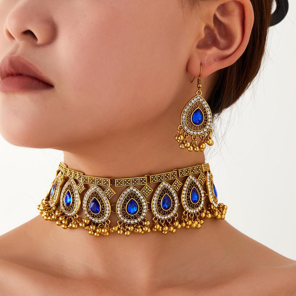 Bohemian Indian Style Rhinestone Tassel Necklace & Earrings Set for Women