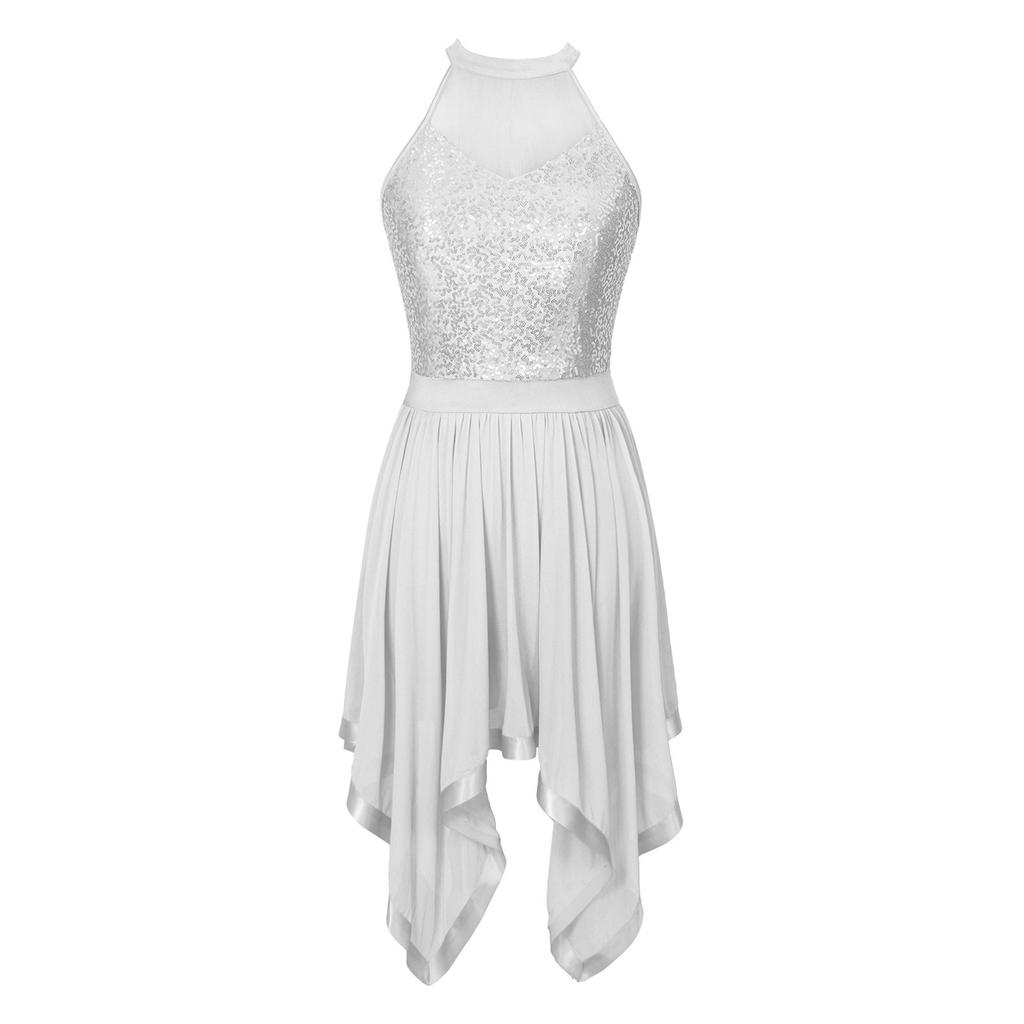 Bayan Parlak Payetler Patchwork Elbise Halter Backless Asimetrik Hem Örgü Elbiseler Dans Performansı Kostüm