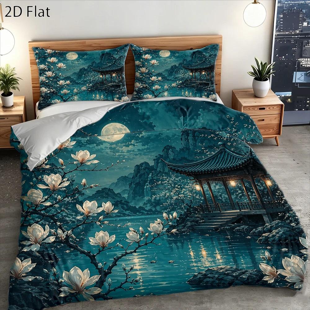 3-Piece Polyester Chinese Style Moonlit Night Magnolia Duvet Cover Set 200X230Cm Double Bed All Seasons Machine Washable