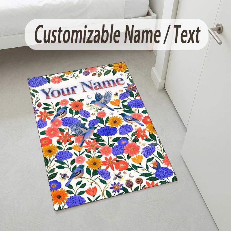 Floral Birds Artwork Theme Soft Crystal Velvet Rug Custom Name & Text Print Non Slip Floor Rug for Bedroom Living Room