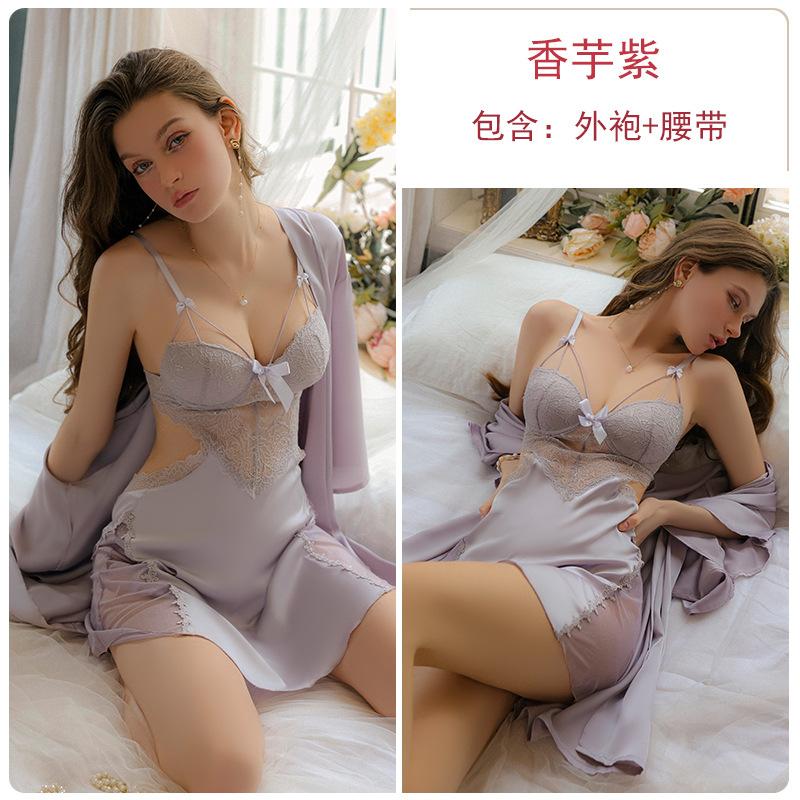 Sexy hollow satin lace plus chest pad deep V temptation steel ring gathering nightdress robe loungewear
