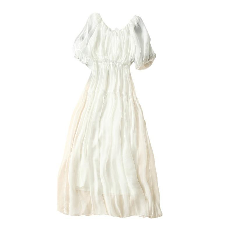 2025 Damen Seidenkleid mit französischen Puffärmeln und V-Ausschnitt