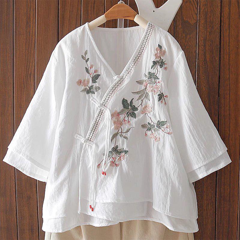 Women's Summer Embroidered V-Neck Cotton Linen Top - Ethnic Style with Asymmetrical Lapel and Frog Buttons
