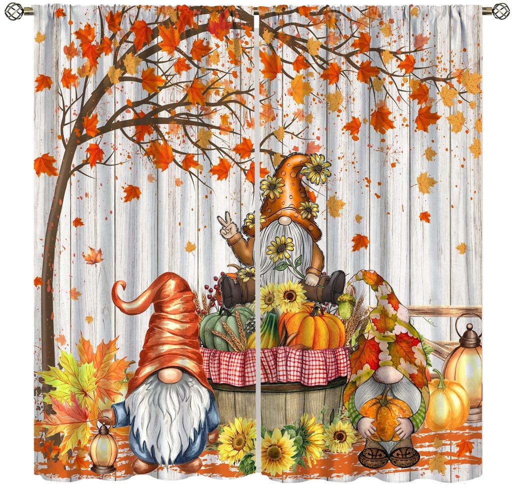 Fall Curtain Gnomes Autumn Thanksgiving Watercolor Maple Leaf Pumpkin Window Drapes Kitchen Living Room Treatments Curtains Polyester Great Treatment