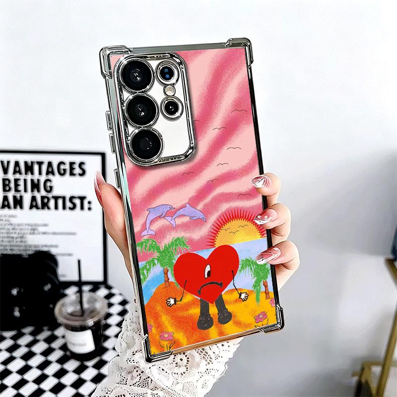 Bad Bunny Heart Plating Phone Case For Samsung Galaxy S24 S25 FE S26 Edge S23 Ultra S22 S21 Plus S20 Anti-Fall Airabag Cover