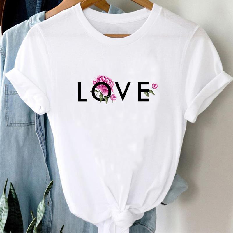 (European Size) 90s Top T Shirt Watercolor Love Heart Trend Cute Fashion Casual Clothing T-Shirt Sleeve Women Print Lady Female O-neck Graphic T-shirt