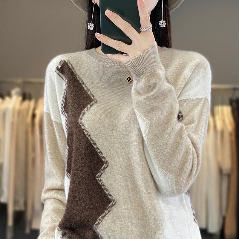 Women's Intarsia Color Block Pure Wool Sweater - Long Sleeve Half-High Neck Pullover
