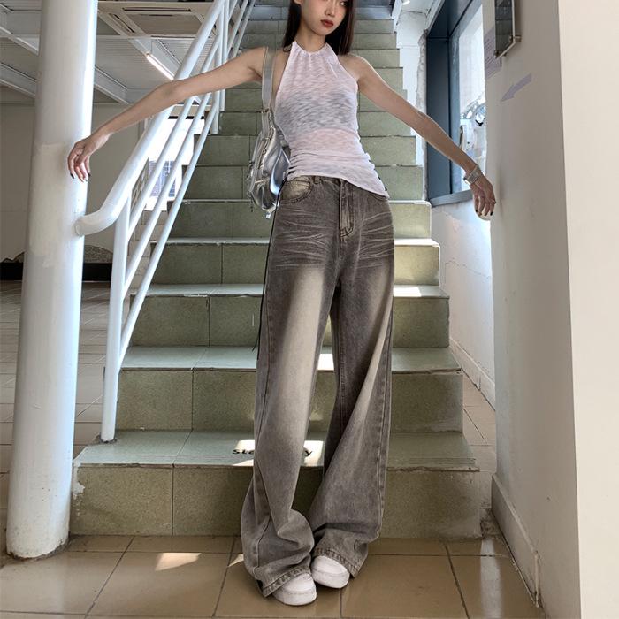 

Mocha Grey High-Waisted Wide-Leg Women s Spring/Summer Denim Pants - Slimming Loose Drape Floor-Length. Extra Small