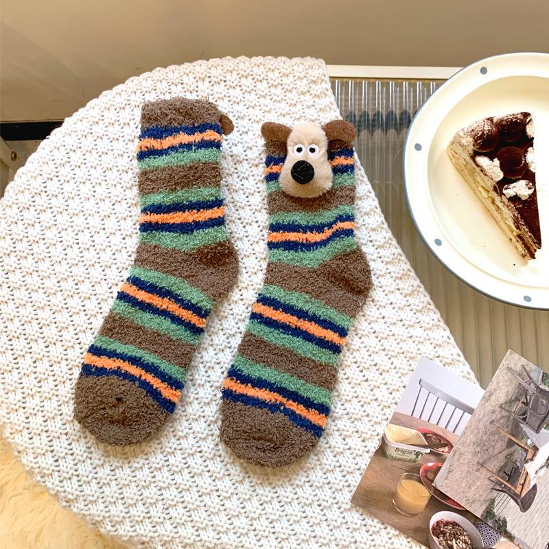 Cute Puppy Coral Fleece Socks Women'S Plush Thickened Home Sleep Warm Fluffy Floor Socks Winter