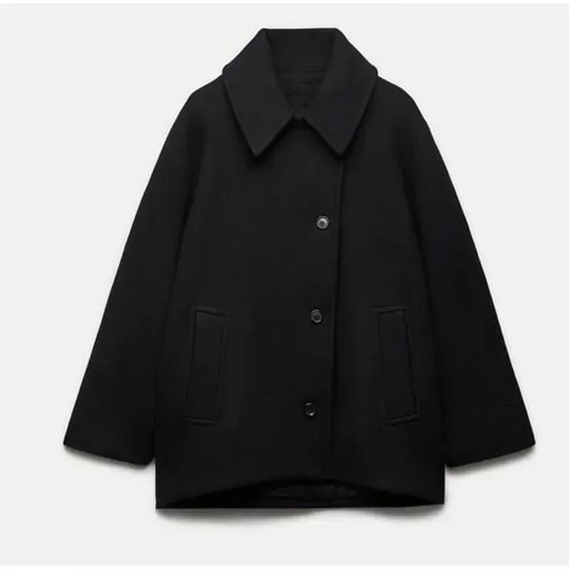 Women Tweed Coat Solid Color Suit Collar Long Sleeve Double Breasted Autumn and Winter Imitation Wool Mid-length Jacket