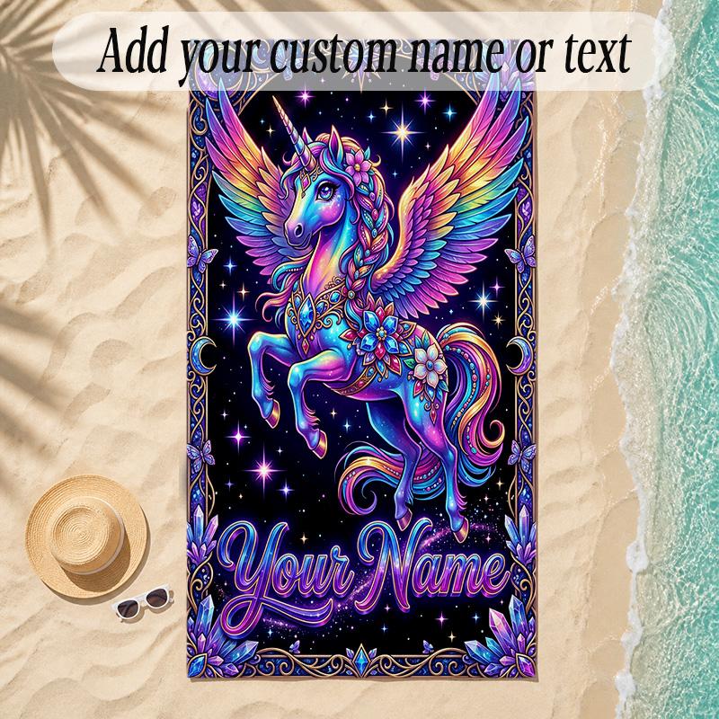 Unicorn Theme Soft Beach Towel Personalized Custom Name Text Towel Portable for Beach Pool Travel