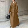 ZANZEA Women Casual V-Neck Long Sleeve Holiday Loose Long Dress