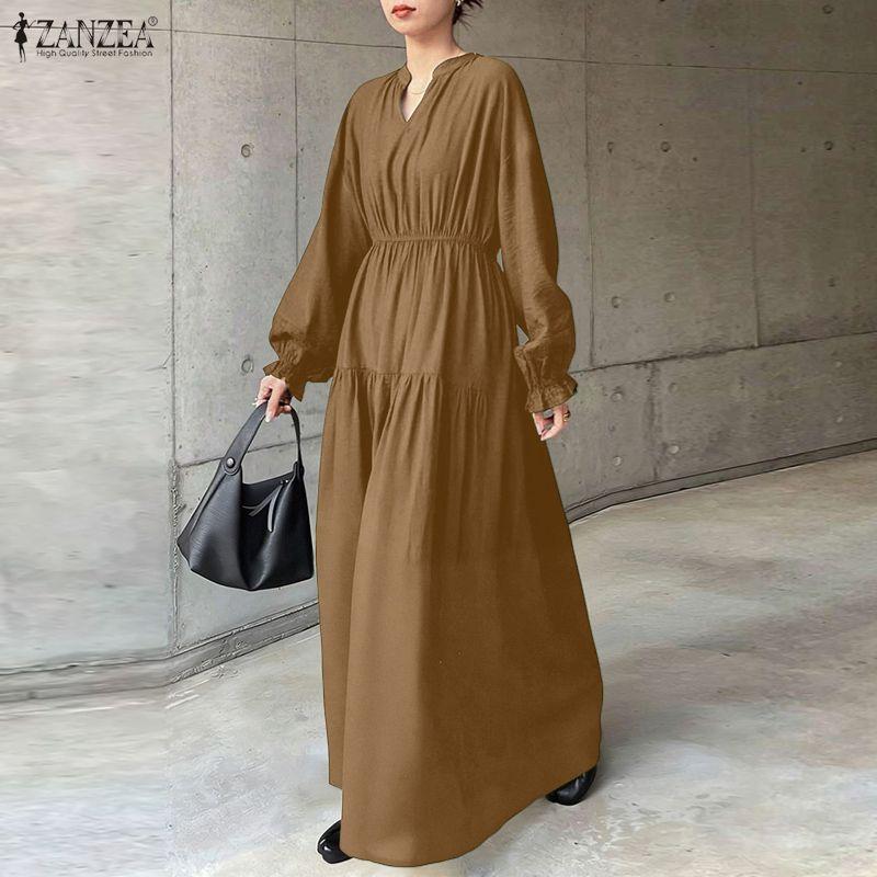 ZANZEA Women Casual V-Neck Long Sleeve Holiday Loose Long Dress