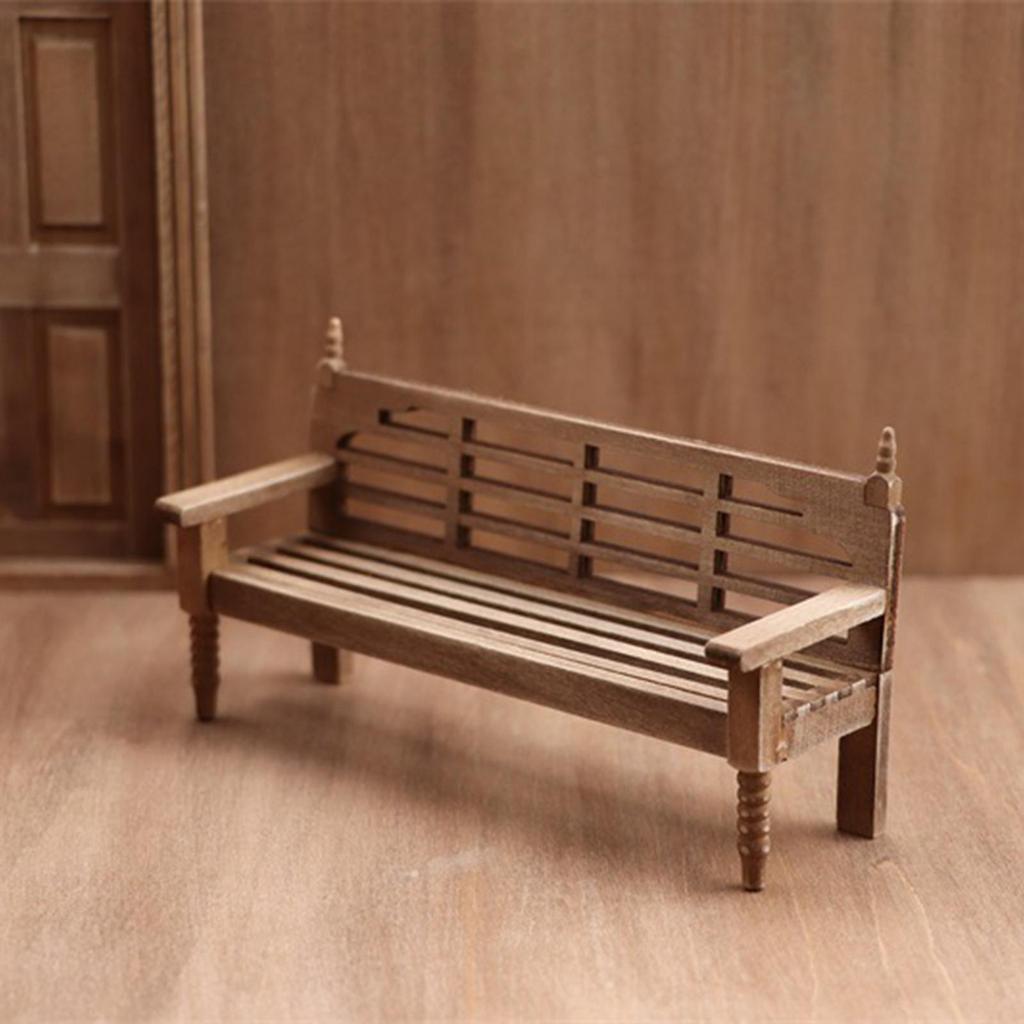 1/12 Doll House Vintage Style Wooden Patio Bench & Cushion Furniture Set for Living Room Life Scene