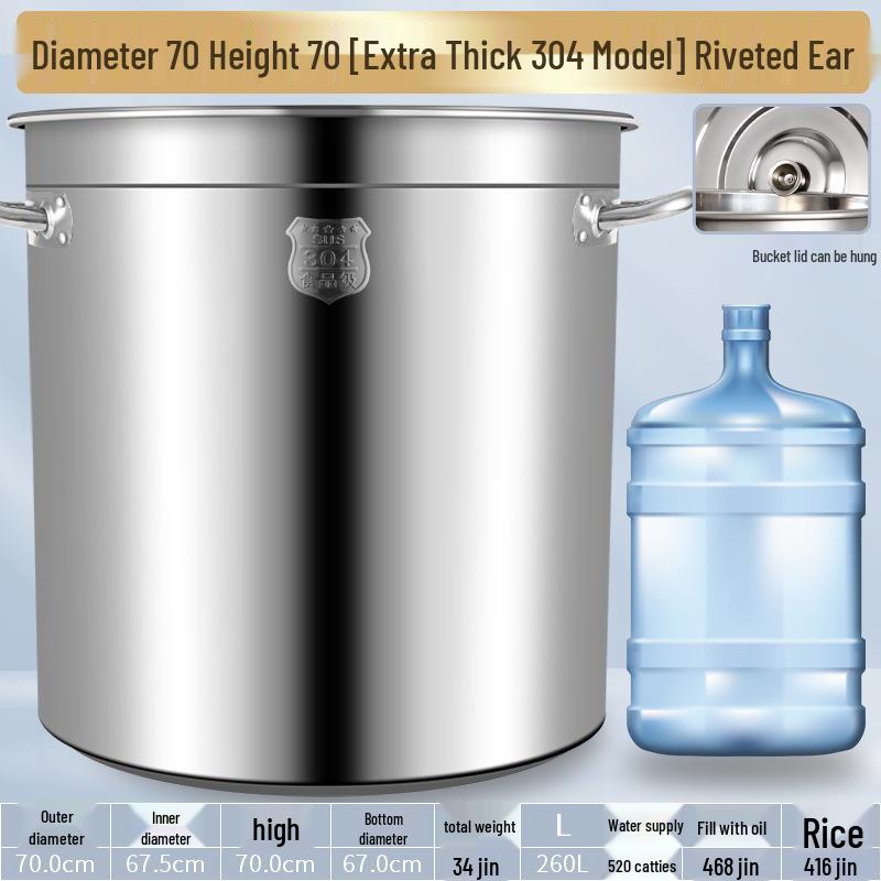 304 Stainless Steel Soup Pot with Lid - Thickened Round Barrel for Commercial Use, Ideal for Rice, Water, Braised Meat, and Porridge.