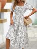 Floral Square Collar Ruched Waist Bubble Sleeve Layered Dress Sweet Style Dress