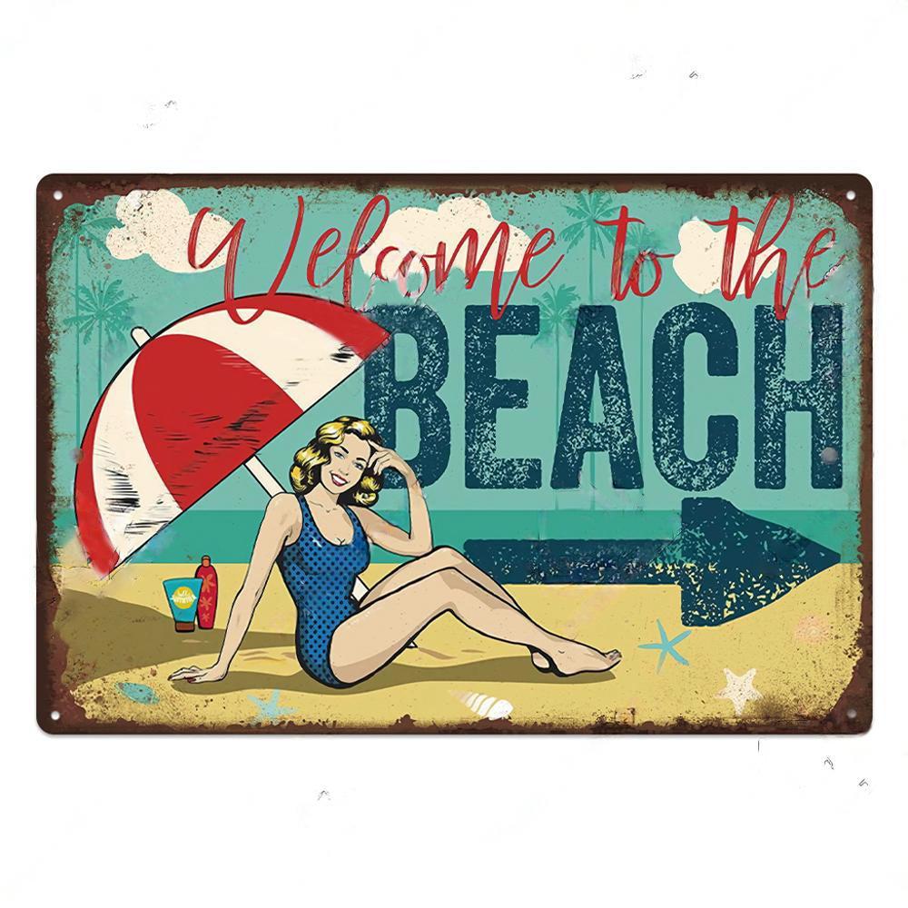 Summer Beach Decor Vintage Metal Tin Signs Plaque Metal Plate Retro Posters Wall Art Decor Seaside