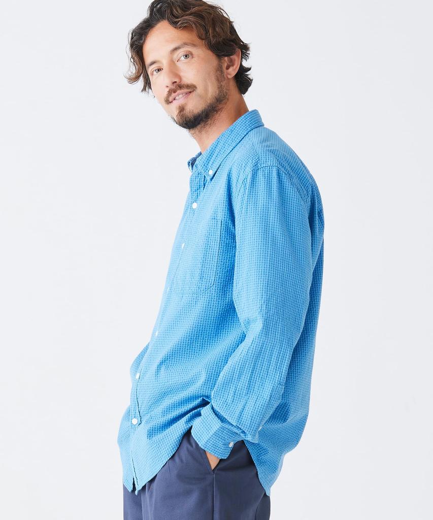 LL Bean Organic Cotton Seersucker Long Japan Pale 1000182635 Men's Shirt, Sleeve, Plaid, Fit, XL, Turquoise, Blue,