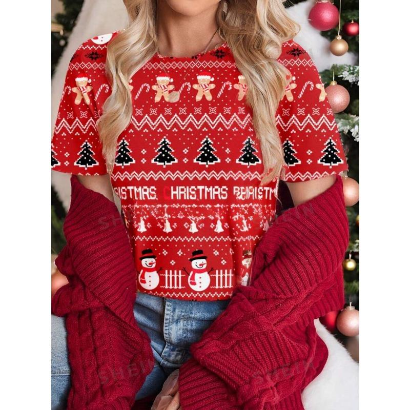 Fashion Hot Sale Christmas Halloween Double Series 3D Printed Women's Trend Crew Neck Loose Short Sleeve T-Shirt