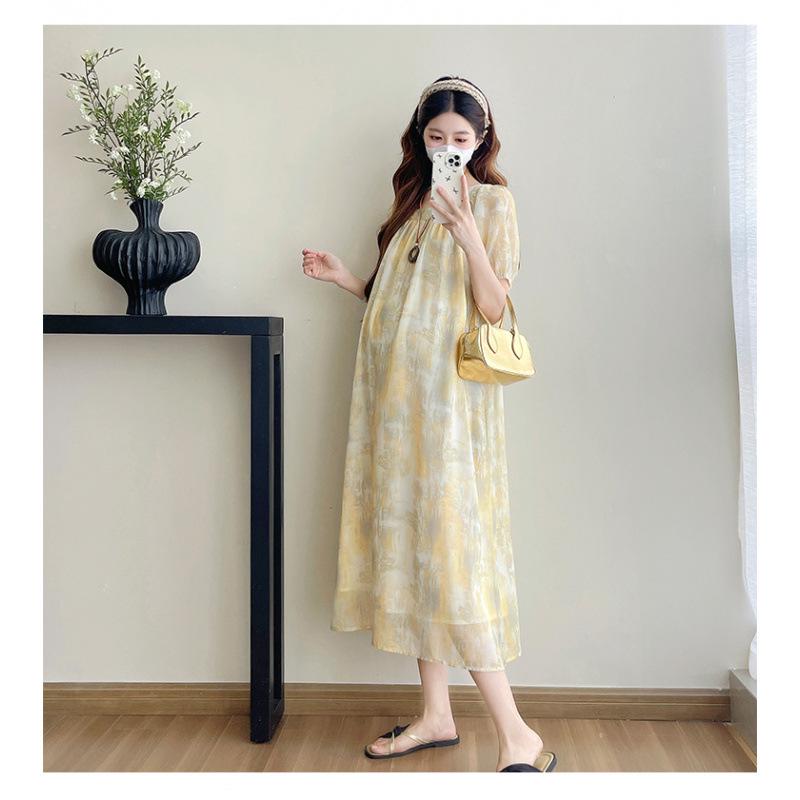 Light Yellow French Square Neck Maternity Dress - Summer Short Sleeve, Stylish & Slimming Extra Large