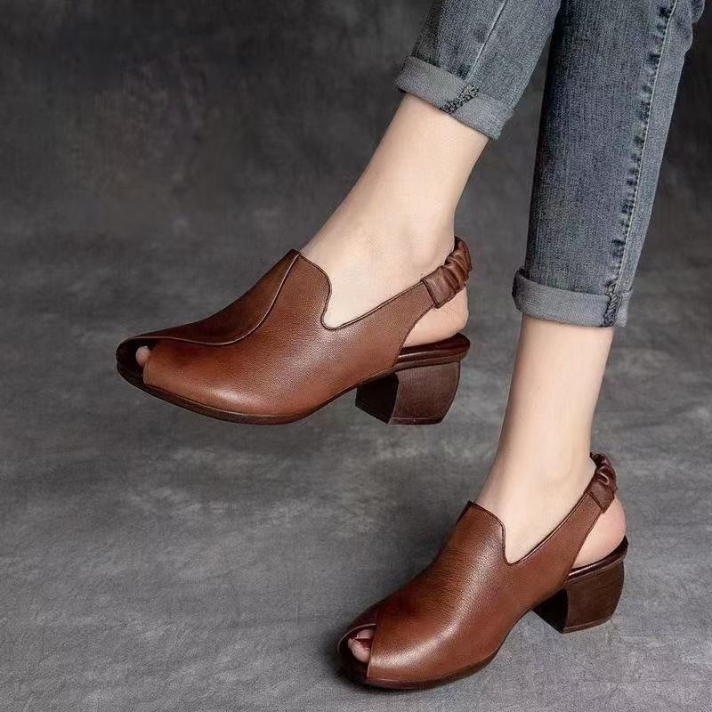 Damen Sommer Neue Leder Blockabsatz Peep Toe Sandalen Weiche Sohle Rutschfest Flach zum Hineinschlüpfen Retro Moderne Sandalen High Heel Sandalen