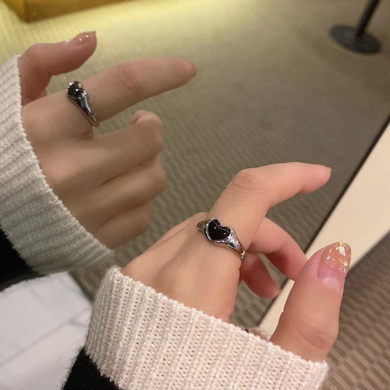 Retro Hiphop Black Heart Ring Jewelry Set Men Women Anillos Aesthetic Anel Accessories Gift