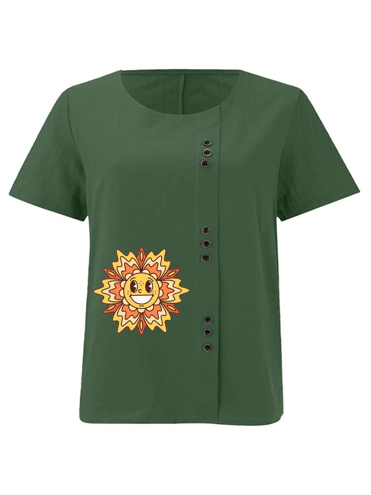 Women's Fashion Sunflower Print Casual Cotton Linen Short Sleeve Round Neck T-shirt Shirt Leisure Loose Summer Blouse Tops