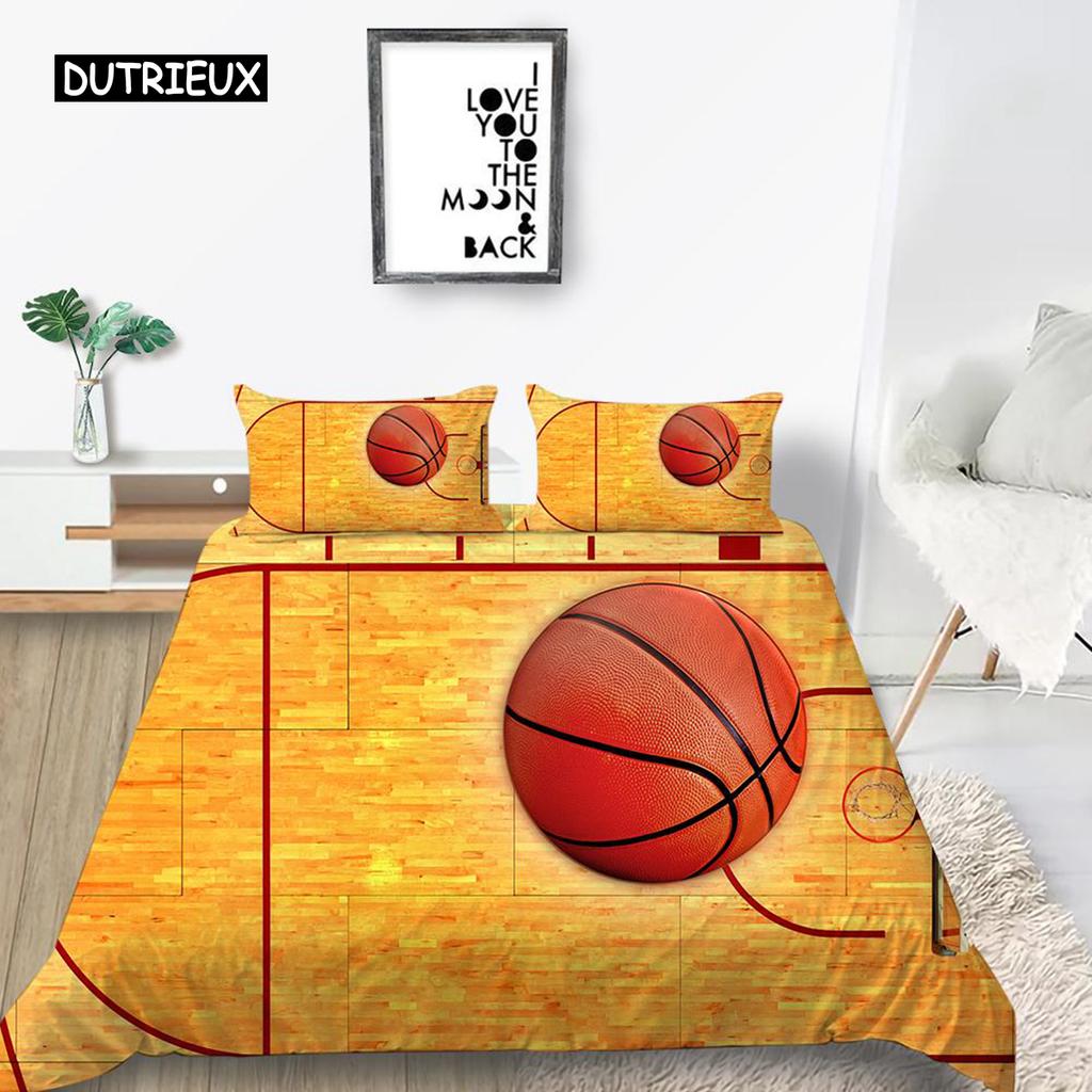 Basketball Duvet Cover Set Polyester Hand Catching Fire Basketball Sports Themed Bedding Set Queen Size Soft 2/3pcs Quilt Cover
