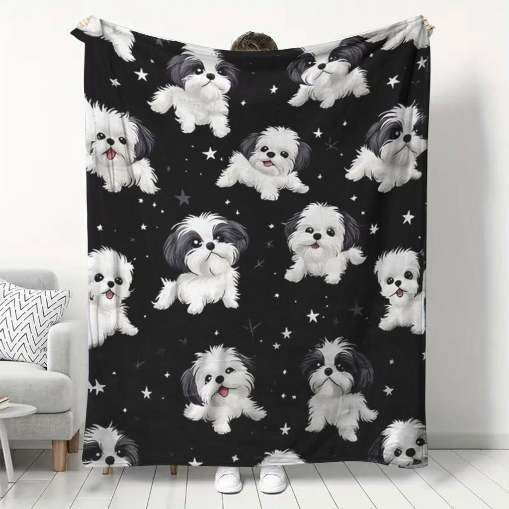 Cozy Mini Shih Tzu Pattern Flannel Blanket - Soft, Warm, and Lightweight for All Seasons, Perfect for Sofa, Home Leisure, Office, Nap, Camping, and Tr
