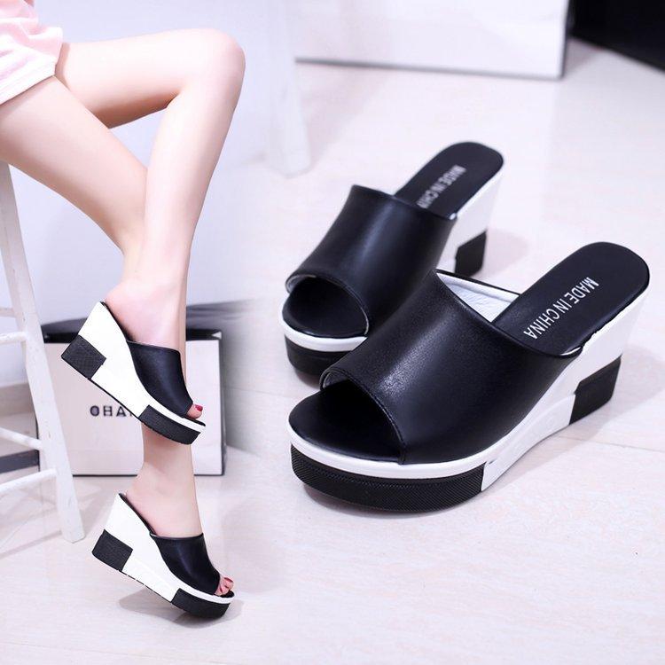 Sandalias nuevas de verano suela gruesa muffin tacón alto color sólido tacón de cuña una tira chanclas frescas