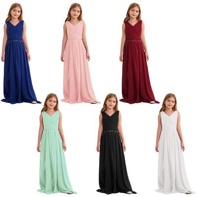 Kids Flower Girl Wedding Dress V Neck Sleeveless Ruched Chiffon Long Gown for Cocktail Party & Formal Events