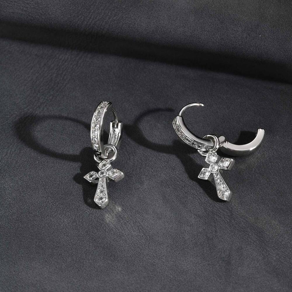 Vnox Cross Pendant Hoop Earrings for Men Boys, 27.6mm Silver Color Copper Zircon Punk Jewelry, Gothic Style Birthday Party Gifts