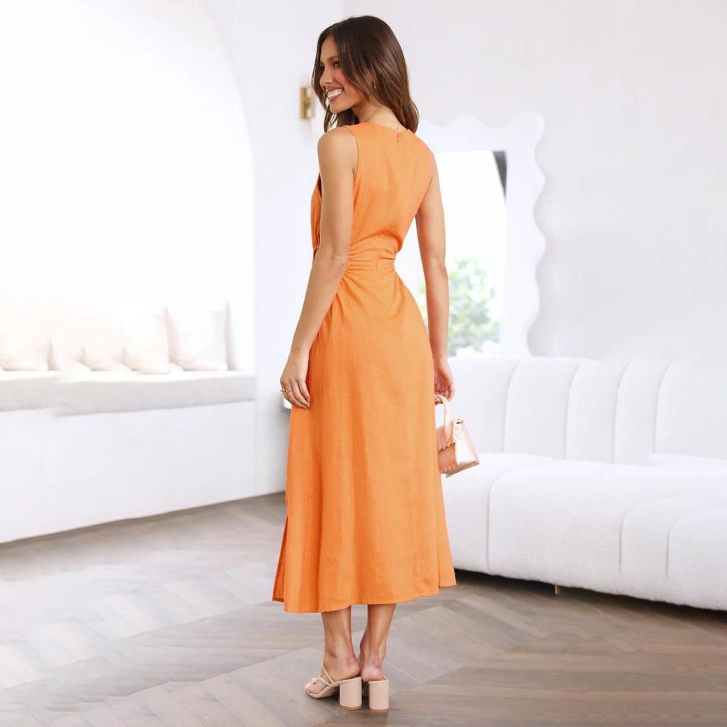 Women Spring Solid Color Sleeveless O-Neck Slim Dress Summer Casual A-Line High Waist Split Long Dresses S-XL