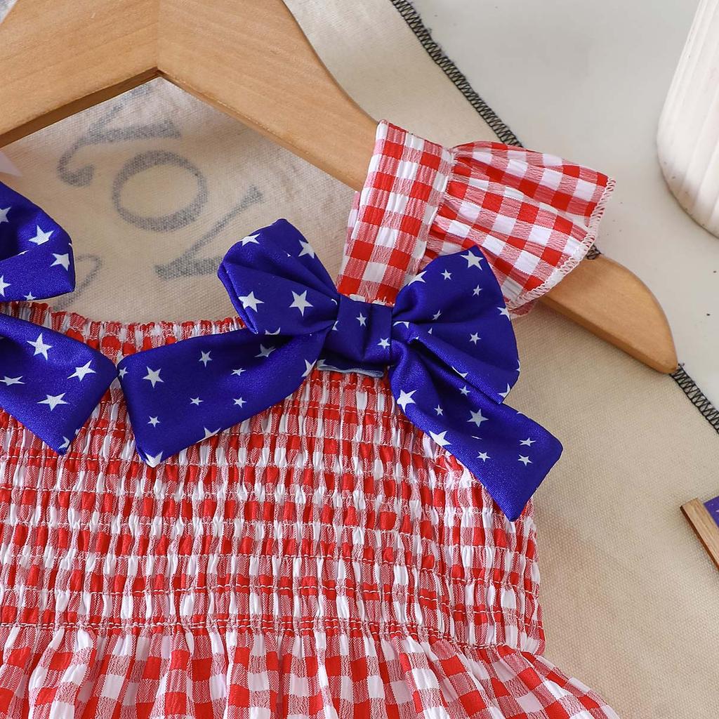Hot Selling Patriotic Infant Girls Clothing Set Star Bow Fly Sleeve Top Plaid Shorts 2 Piece Outfit With Heart Embroidery For 0 3 Years Old Daily Wear