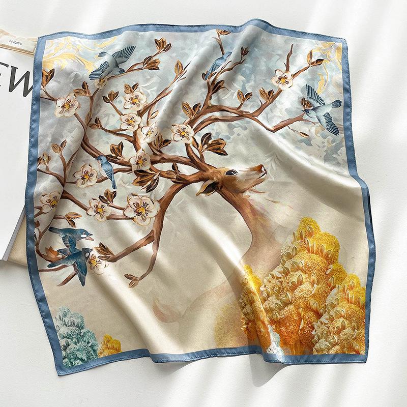 Korean version autumn and winter new printed silk small square scarf women's silk scarf decorative scarf warm scarf mulberry silk