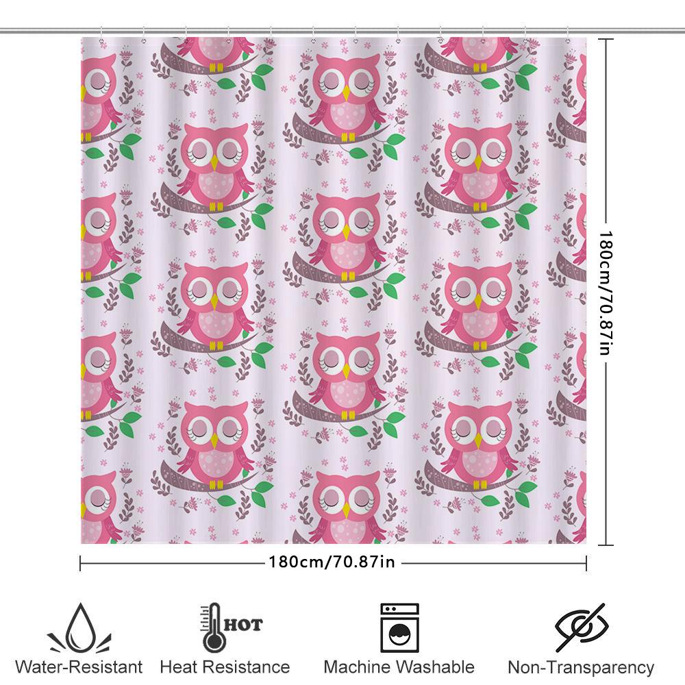 Owl Pattern Shower Curtain Pink Animal Bath Decor