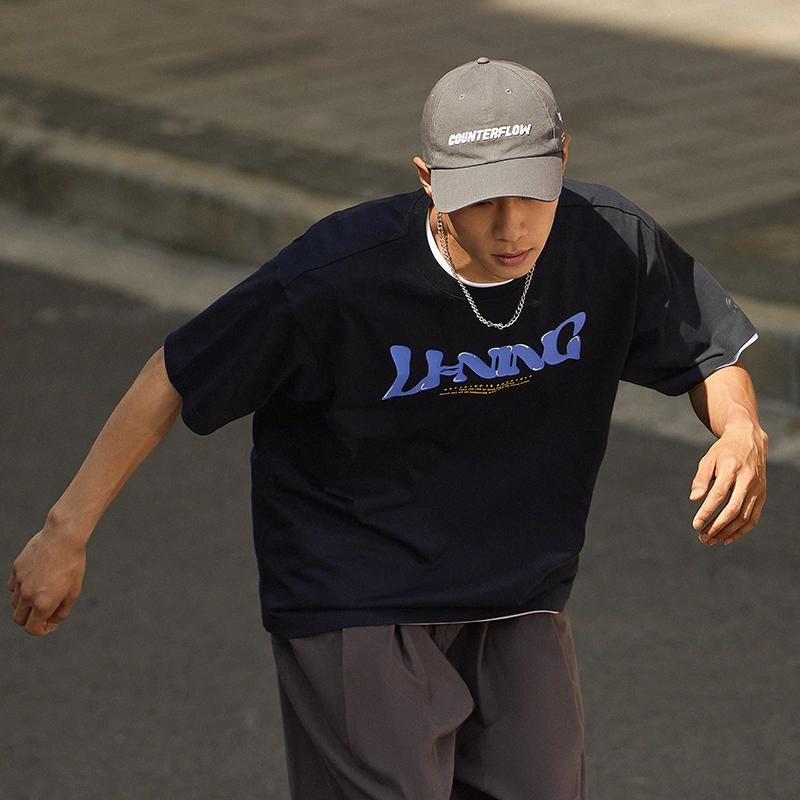 Li-Ning Sports Life Series Letter Print Loose Round Neck Short Sleeve T-Shirt Men Tops Black AHST761-1