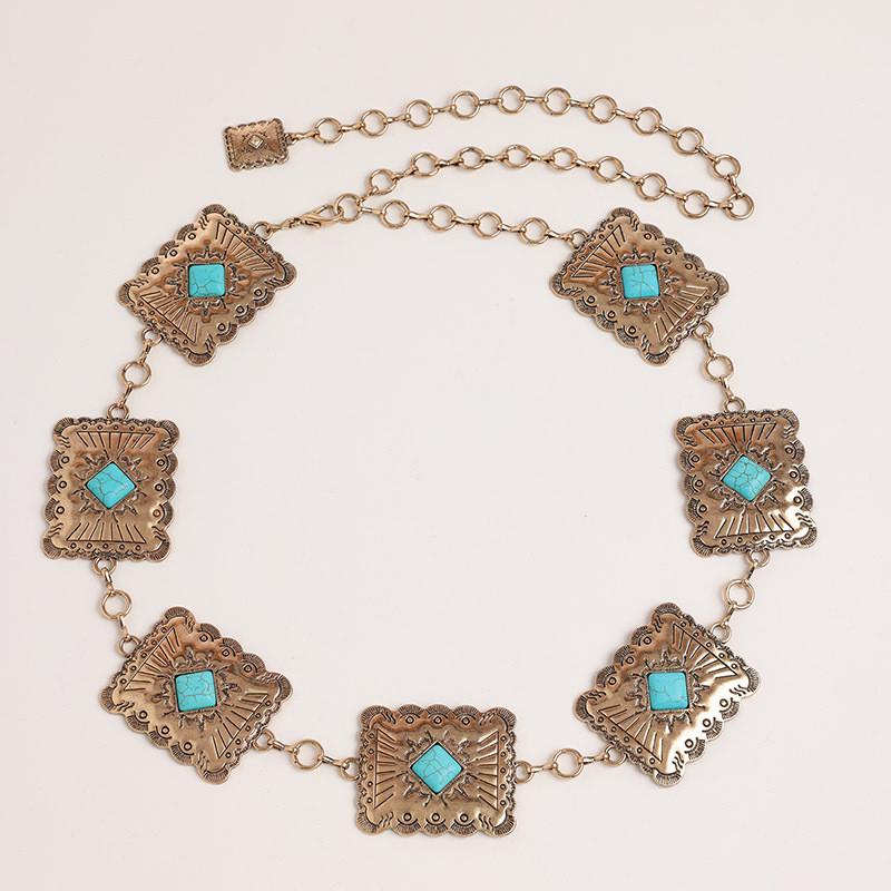Bohemian Style Artificial Turquoise Metal Waist Chain With Vintage Finish For Women