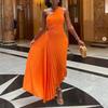 Damen Modisches Einfarbiges Lässiges Sexy Temperament Ein Schulter Schräger Kragen Plissiert Ausgeschnitten Kleid Langes Kleid